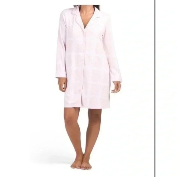 Anne Klein long sleeve notch plaid sleep shirt Pink medium - Picture 1 of 7